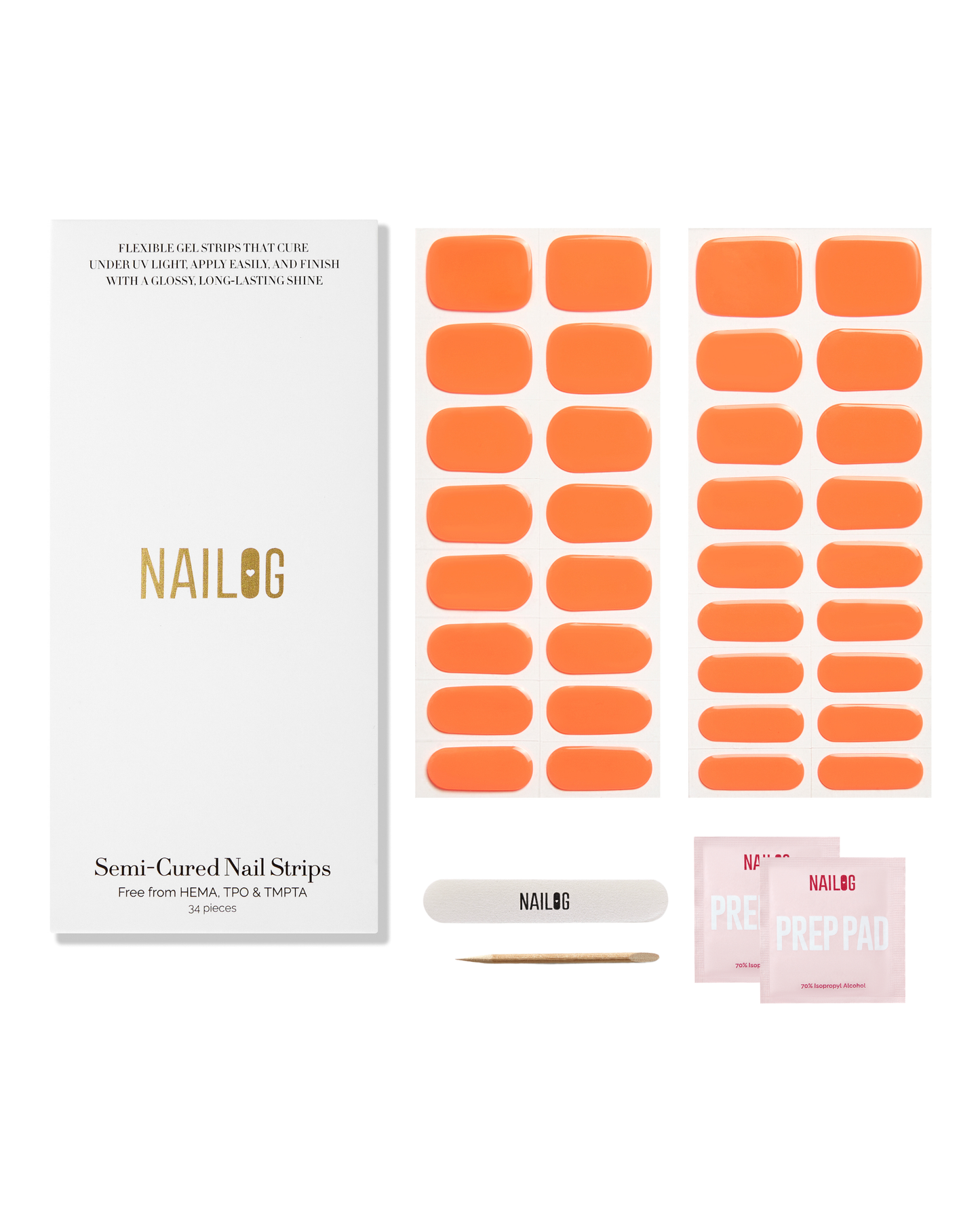 ORANGE BOMB | Semi Cured Nail Strips 34PC - NAILOG semi cured nail strip