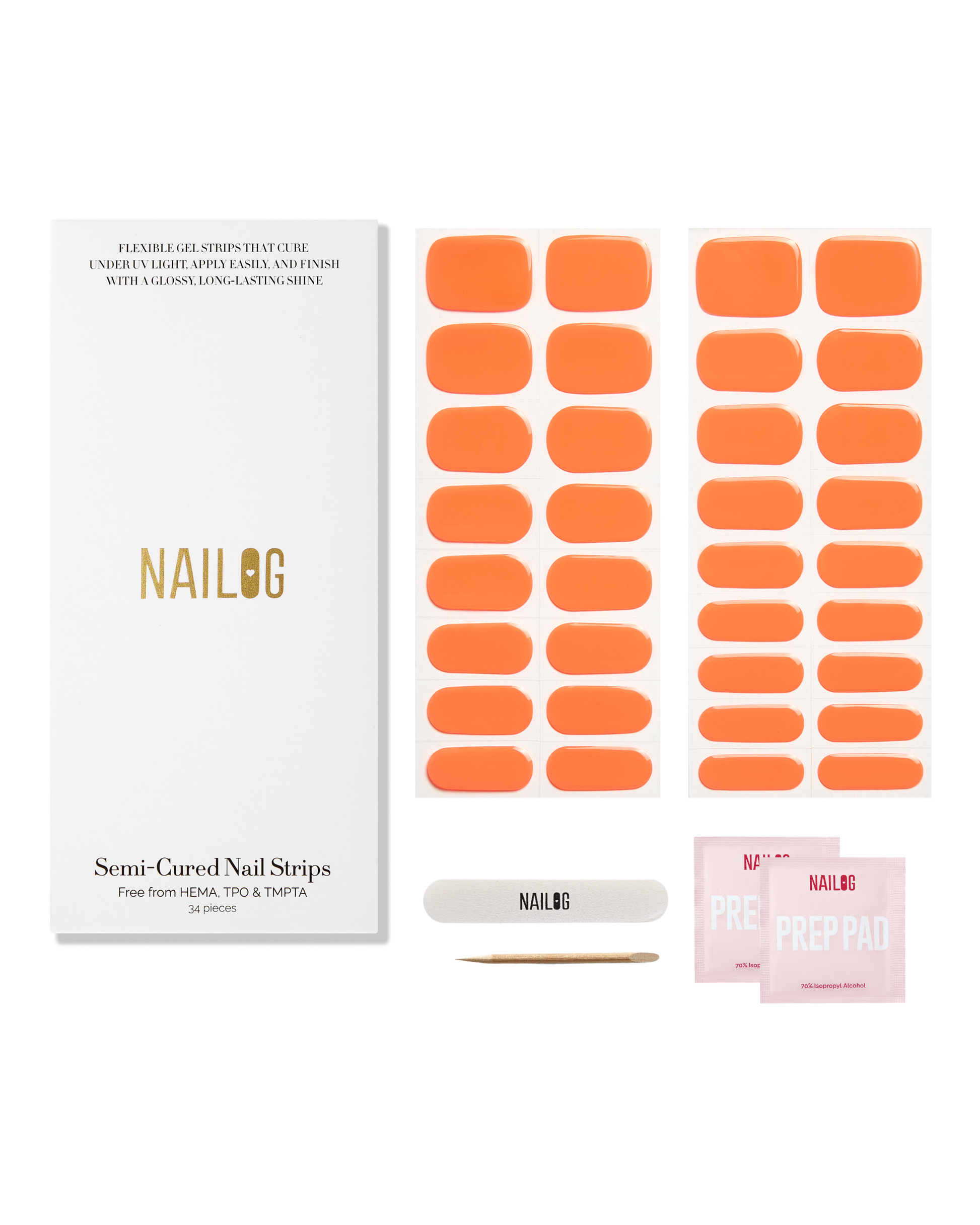 ORANGE BOMB | Semi Cured Nail Strips 34PC - NAILOG semi cured nail strip